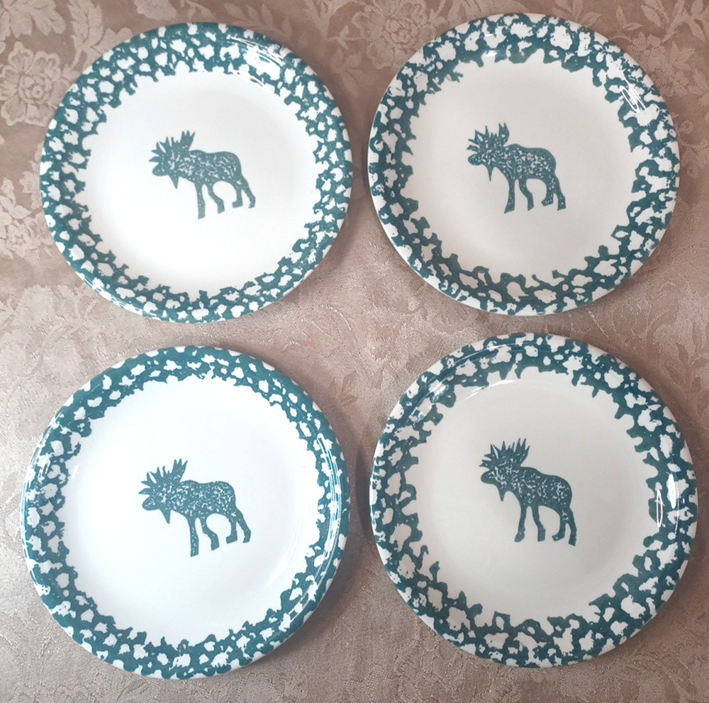 4 Moose Folk Art Country Green 7 1/2" Small Plates Sponge Rustic Tienshan Set